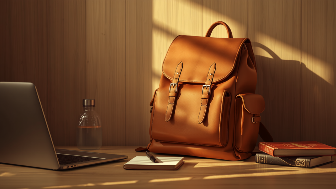 Best leather bag for students — a Frounder tan leather backpack at a study desk with a laptop, textbooks and a notebook