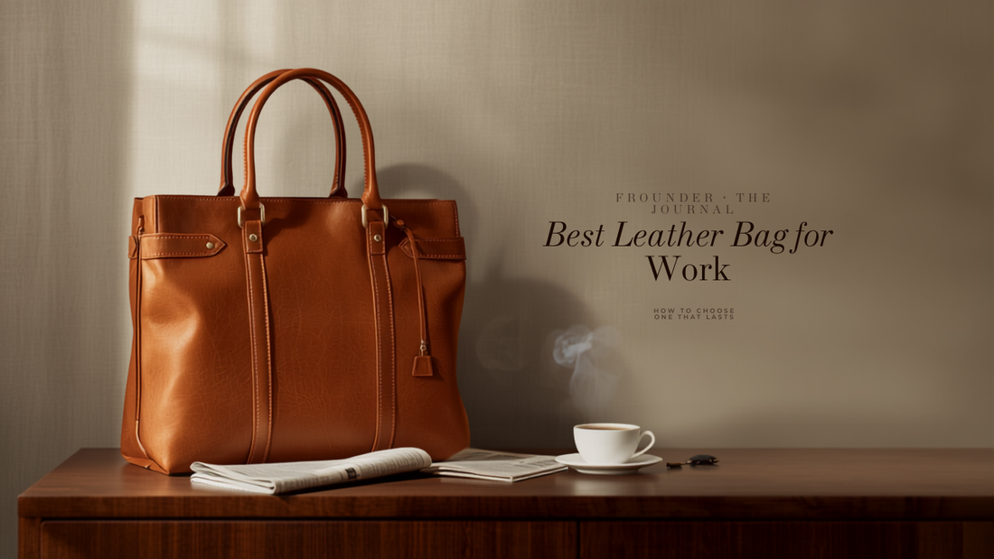 Best leather bag for work — a structured Frounder tan leather work tote with solid brass hardware on a console before the commute