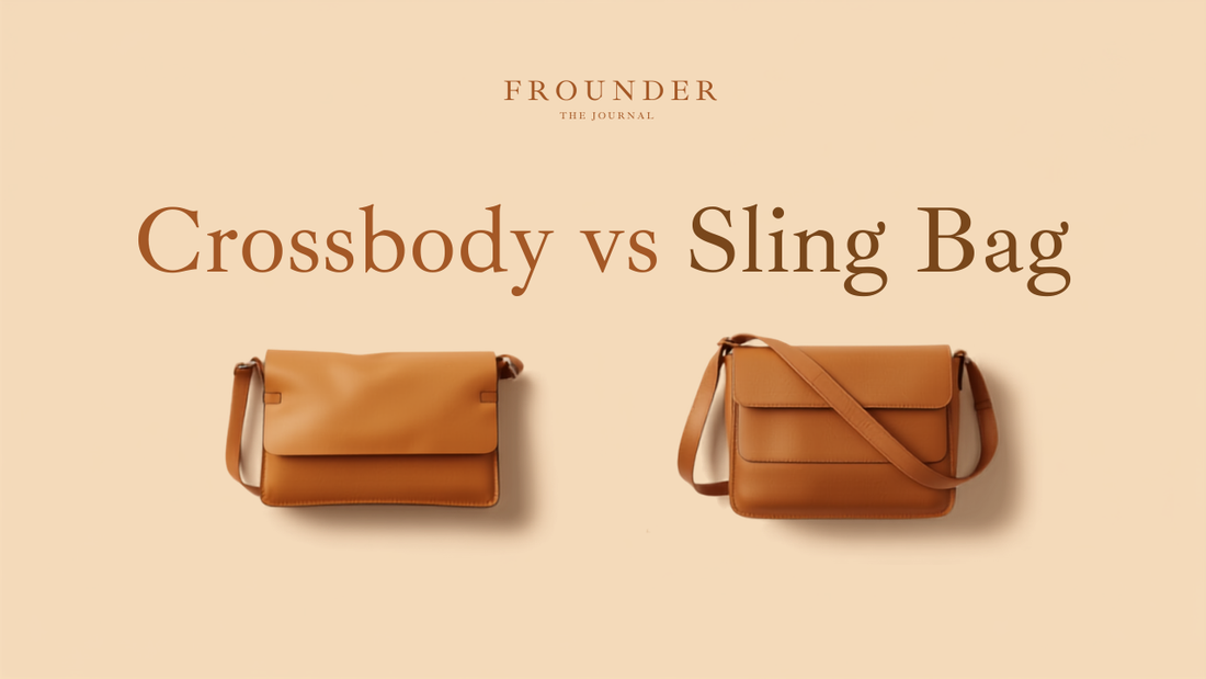 Crossbody vs sling bag — a slim Frounder tan leather crossbody beside a structured caramel leather sling bag, compared side by side