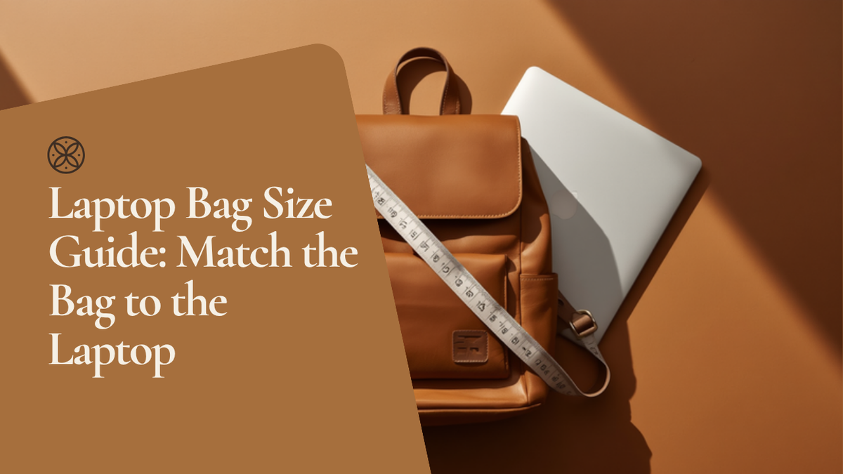 Laptop bag size guide — a Frounder tan leather backpack photographed from above beside a laptop and a measuring tape