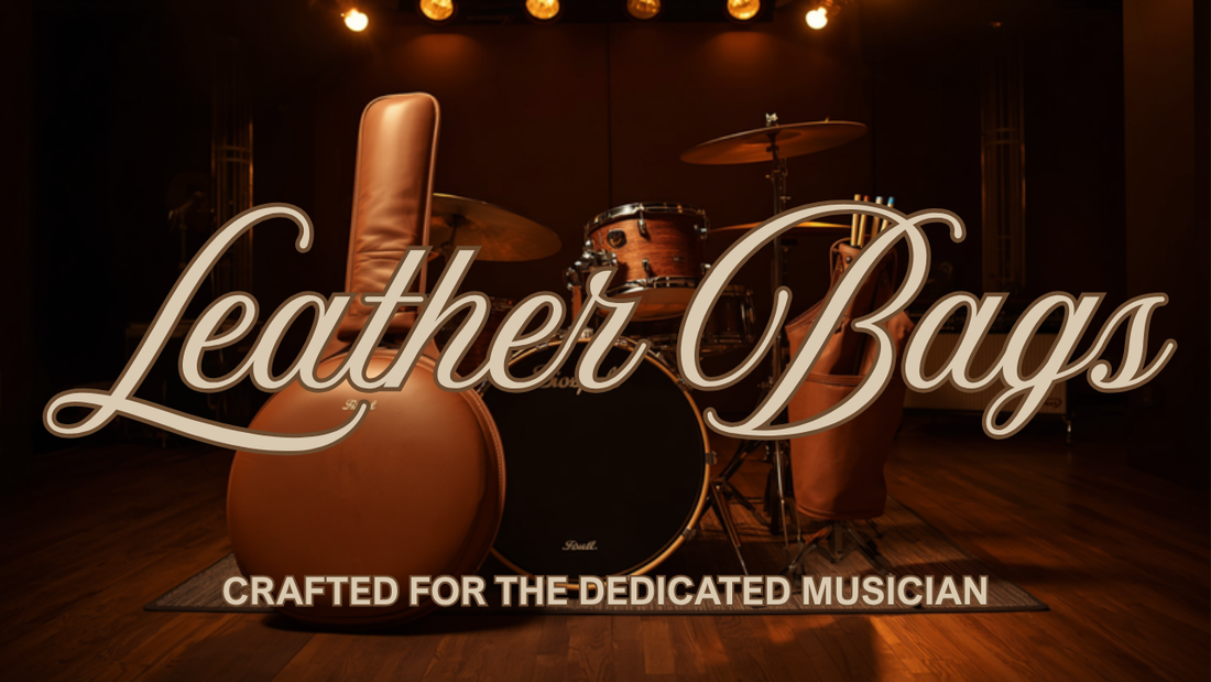 Leather bags for musicians — a Frounder tan leather cymbal bag beside a drum kit with a leather drumstick bag on the floor tom