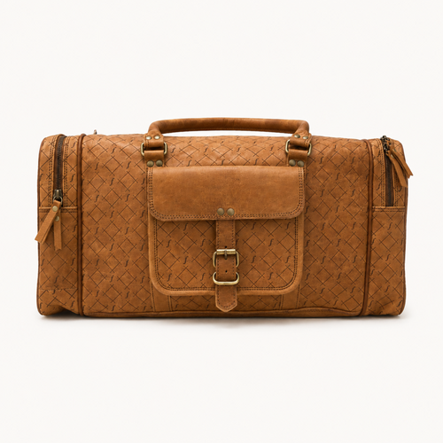 Brown leather duffel bag front