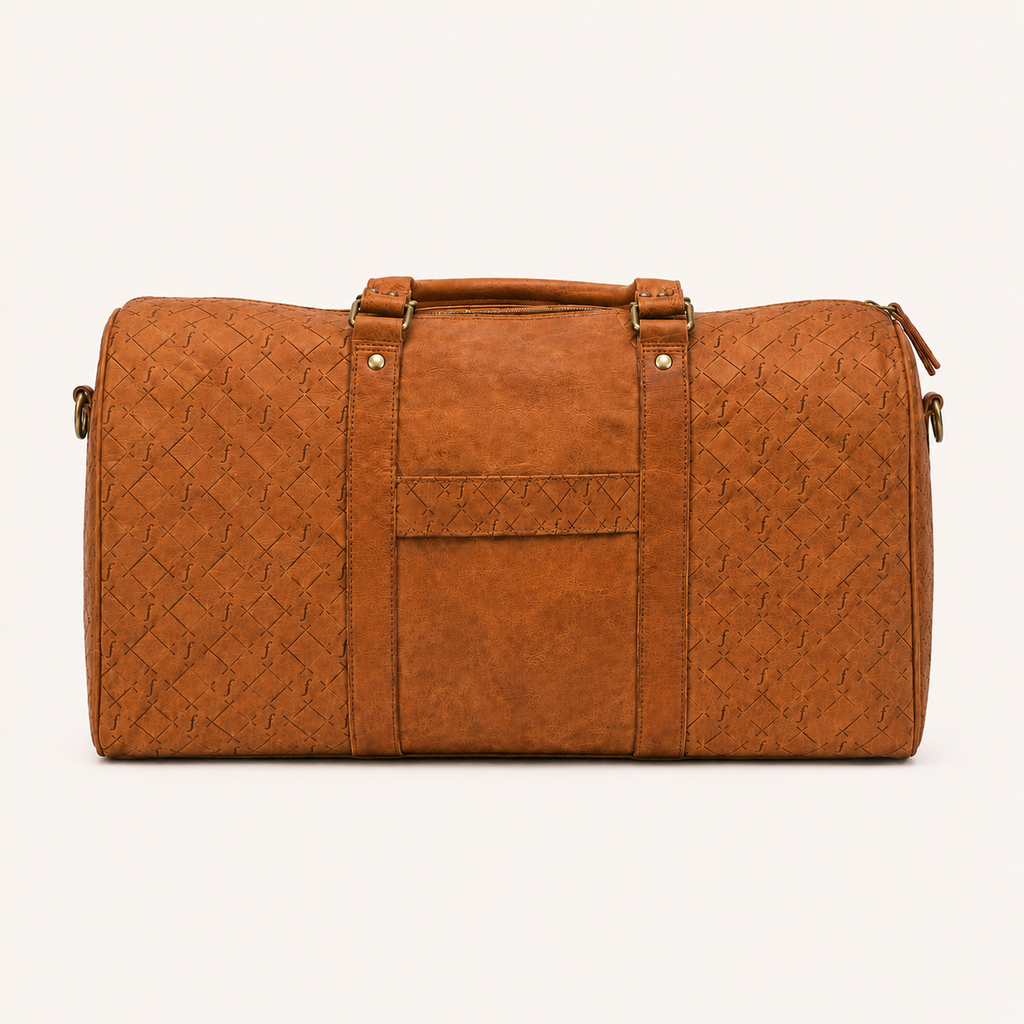 Brown textured duffel bag front