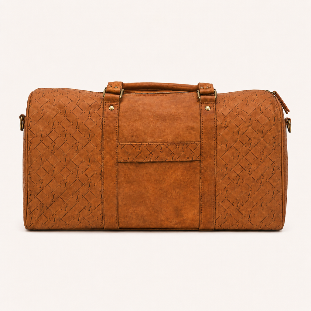 Brown textured duffel bag side
