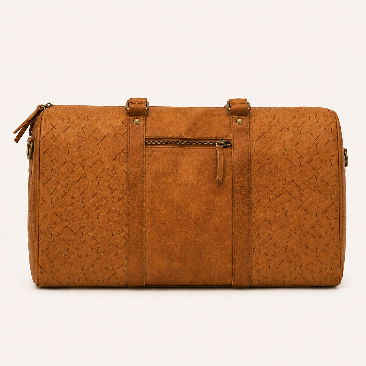 Brown leather duffel bag with embossed pattern