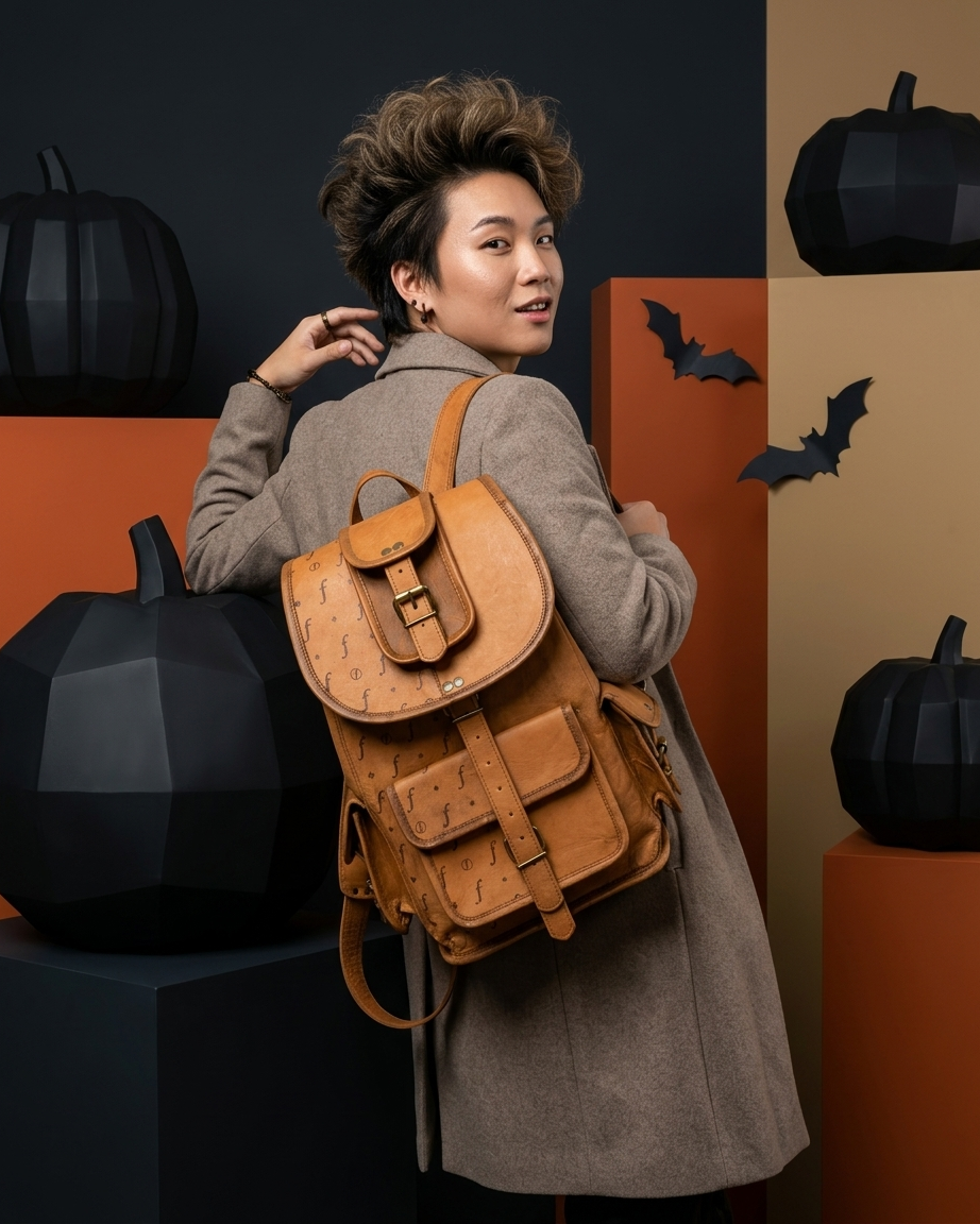 Model carrying tan leather Helios backpack