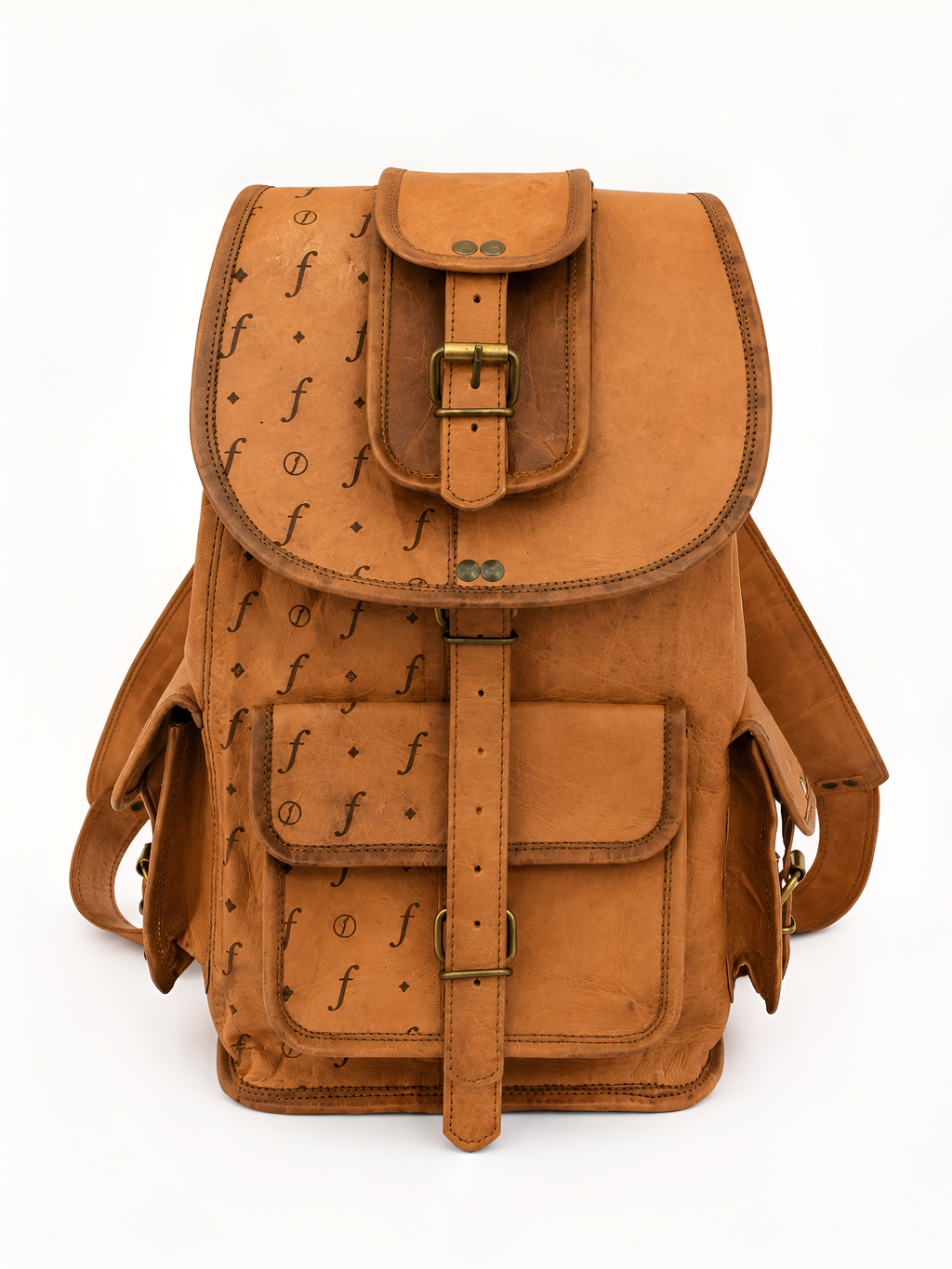 Brown leather backpack with decorative patterns rear