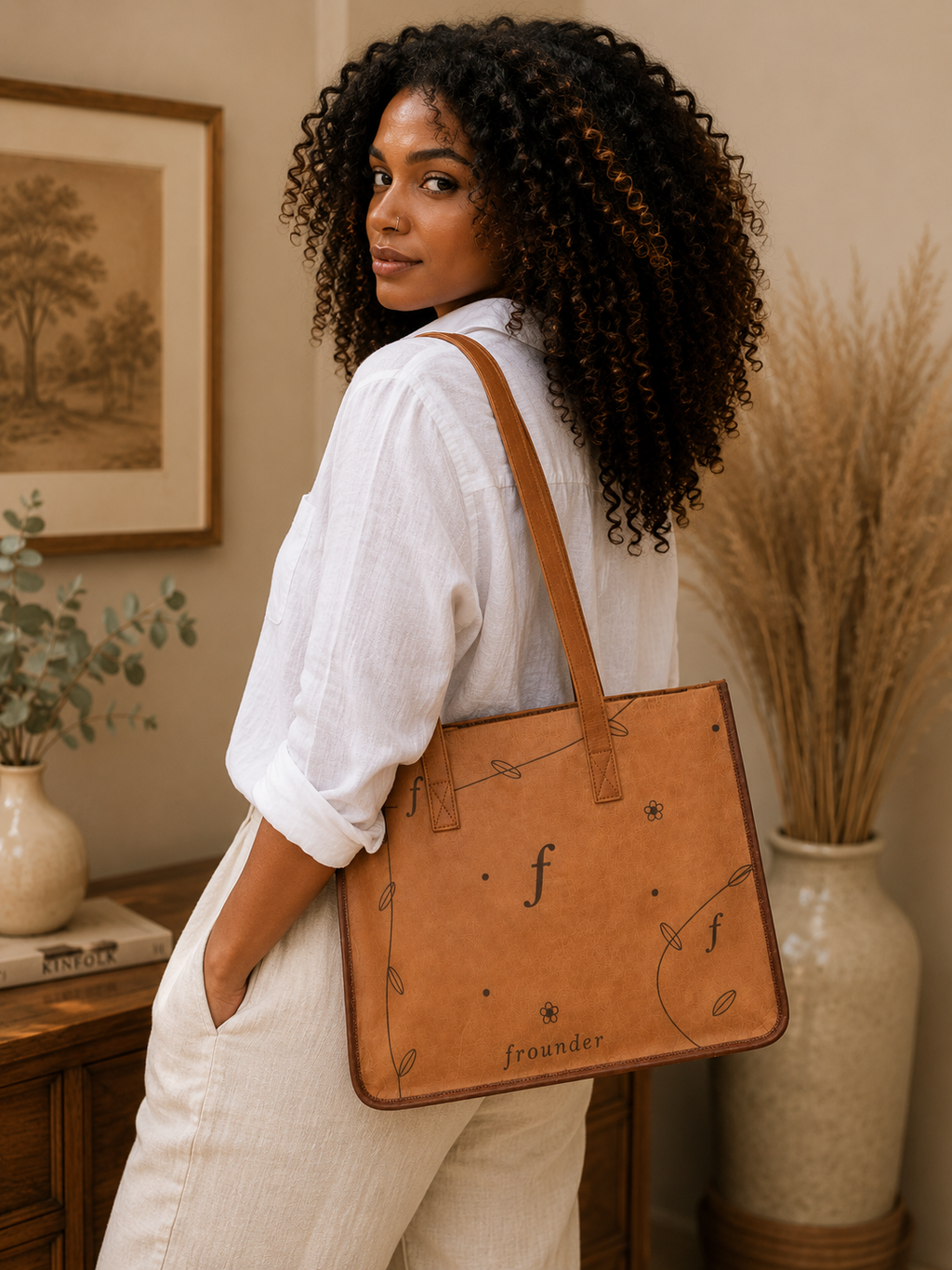 Woman carrying tan Frounder Nova tote bag