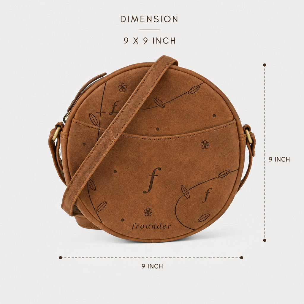 Brown round crossbody bag with measurements