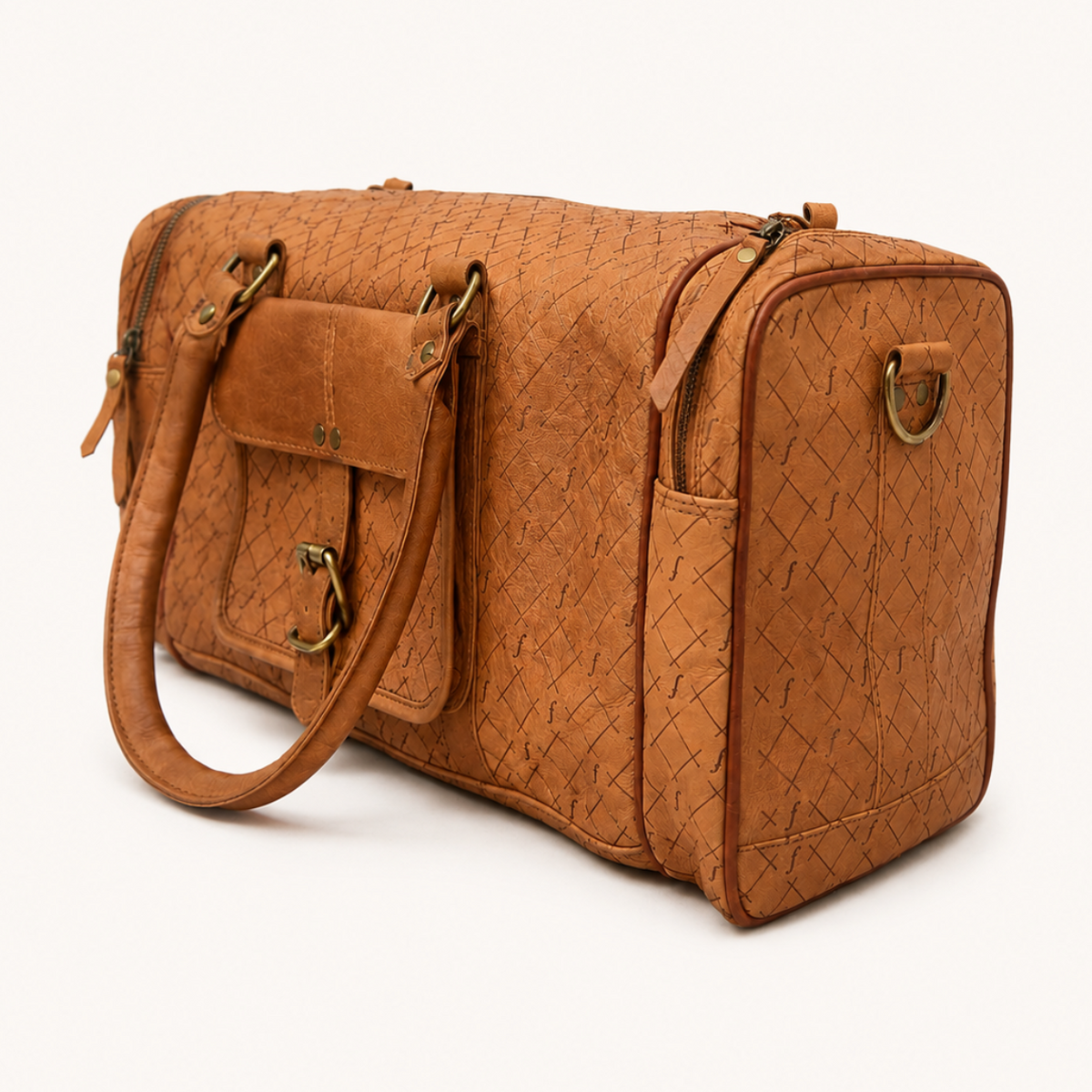 Brown leather duffel bag side