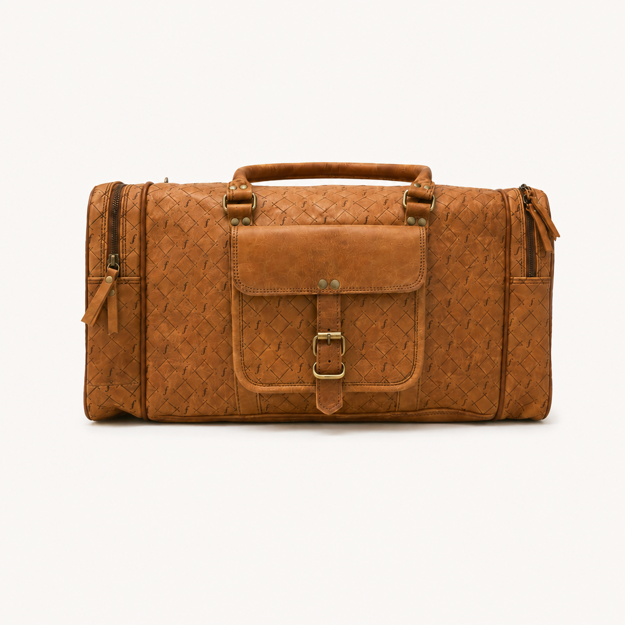 Frounder Jupiter tan leather duffel bag with brass hardware and monogram