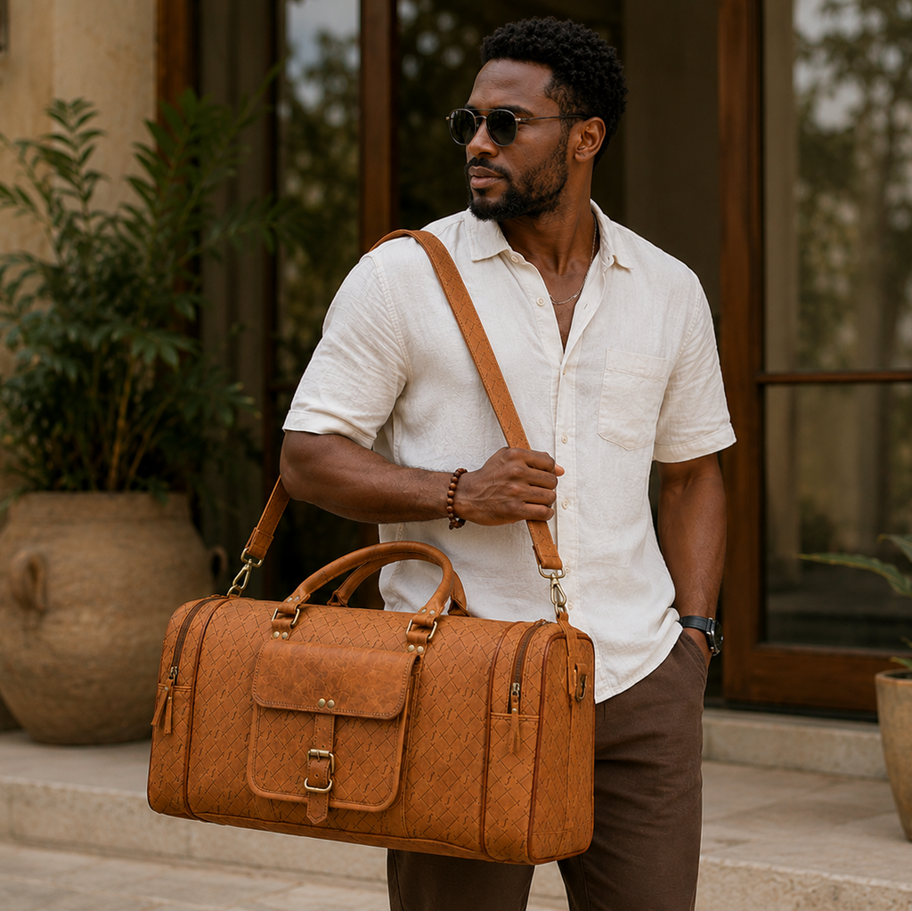 Man carrying tan textured leather duffel bag with shoulder strap