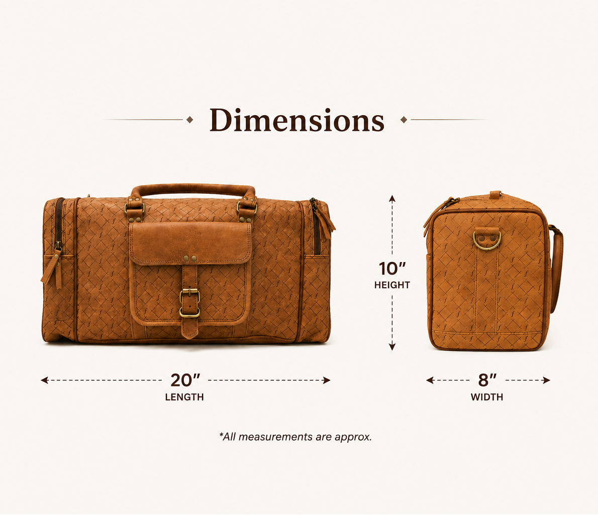 Brown leather duffel bag with dimension labels