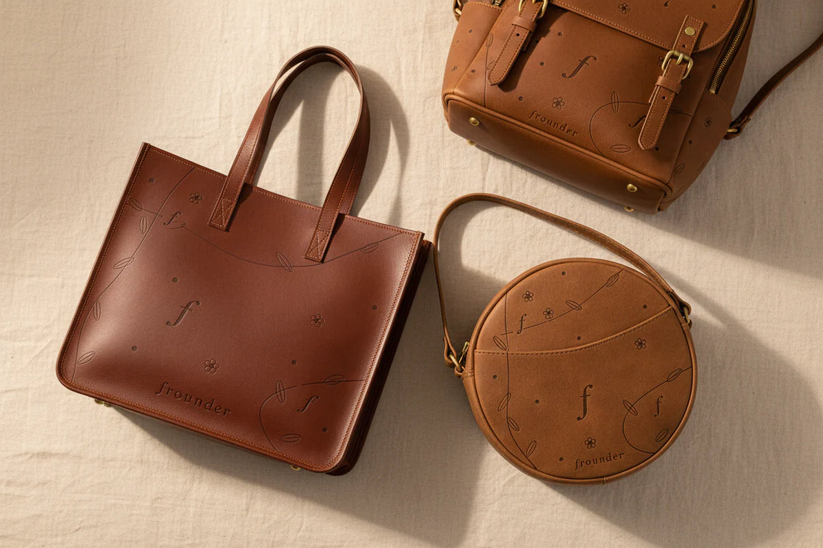 Three brown leather bags on a textured beige surface