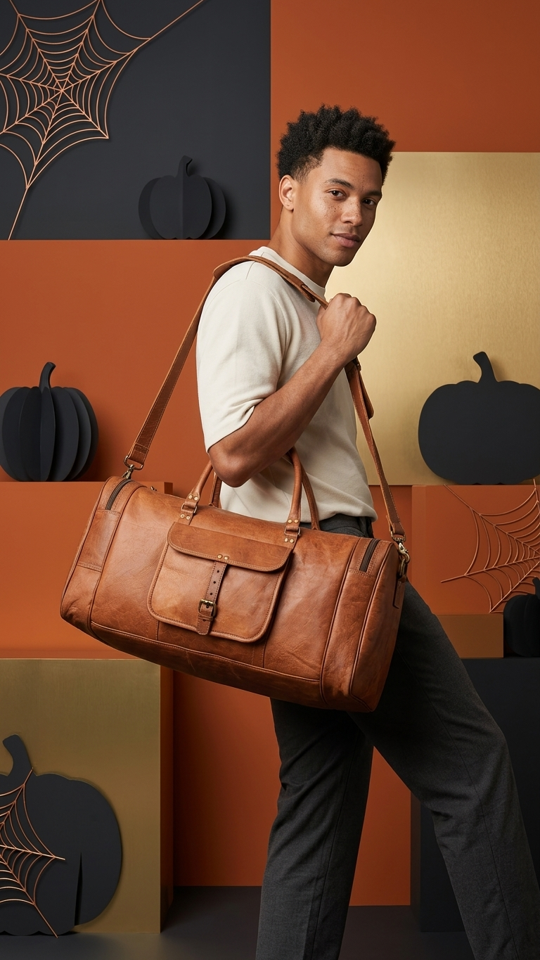 Frounder Hunter leather duffel bag side view with shoulder strap